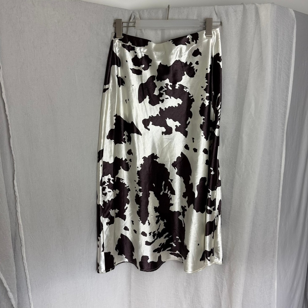 Callagraphie Cow Print Satin Midi Skirt Women M White Brown Western Nashville